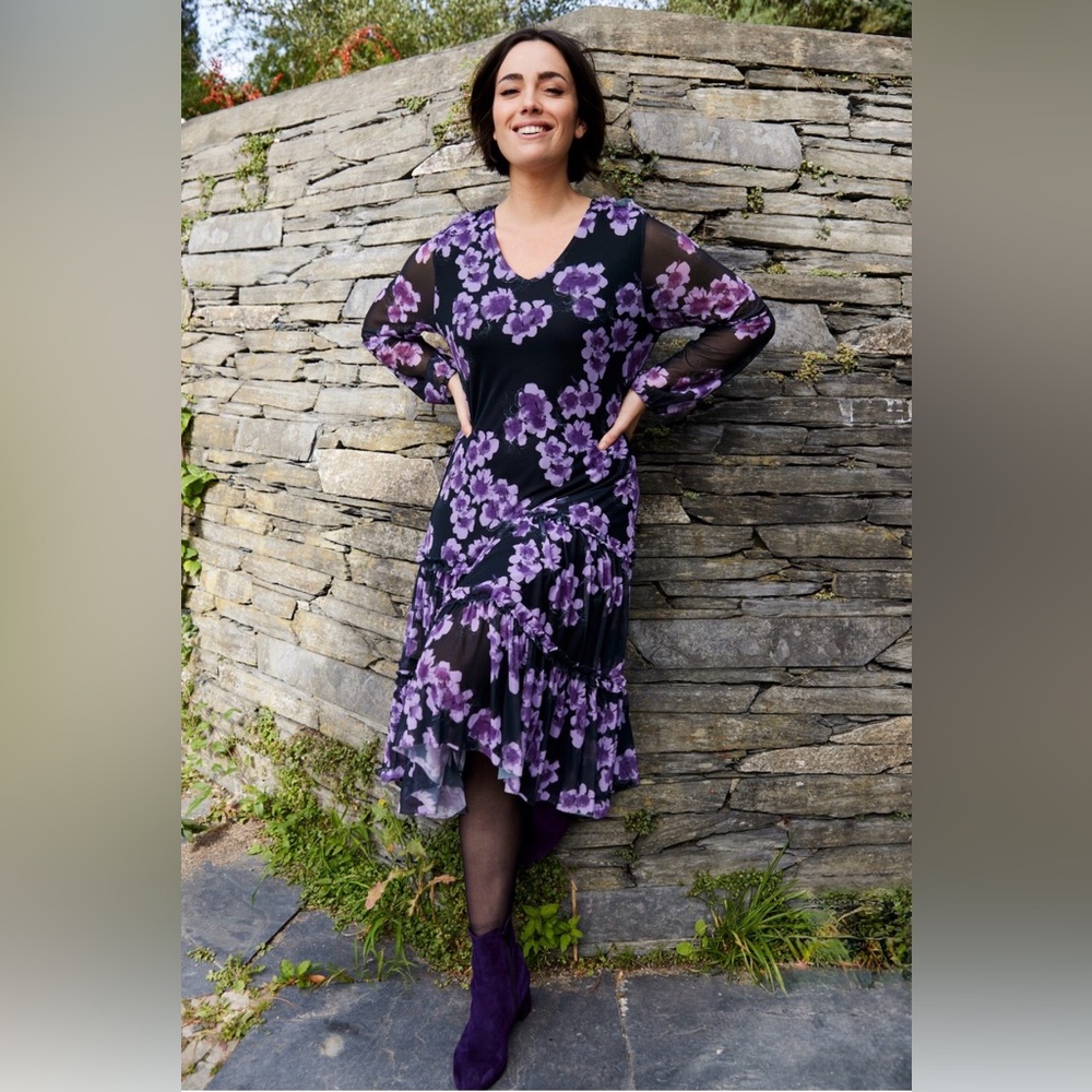 Ulla Popken Tier Layered Floral Black N Purple Long Sleeve Dress NWT Size:28/30